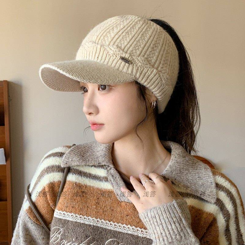 冬季帽子女款骑车空顶毛线帽秋冬加厚保暖户外跑步针织鸭舌帽出游