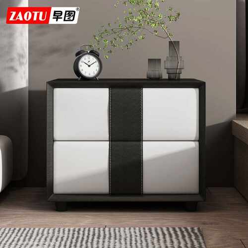 意式皮质床头柜实木简约现代时尚北欧卧室收纳整装床边柜抽屉极简