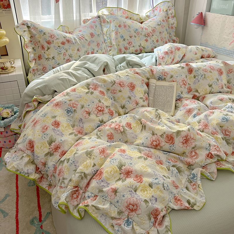 《小雀斑专属》亲肤舒适木棉皱皱纱花边四件套