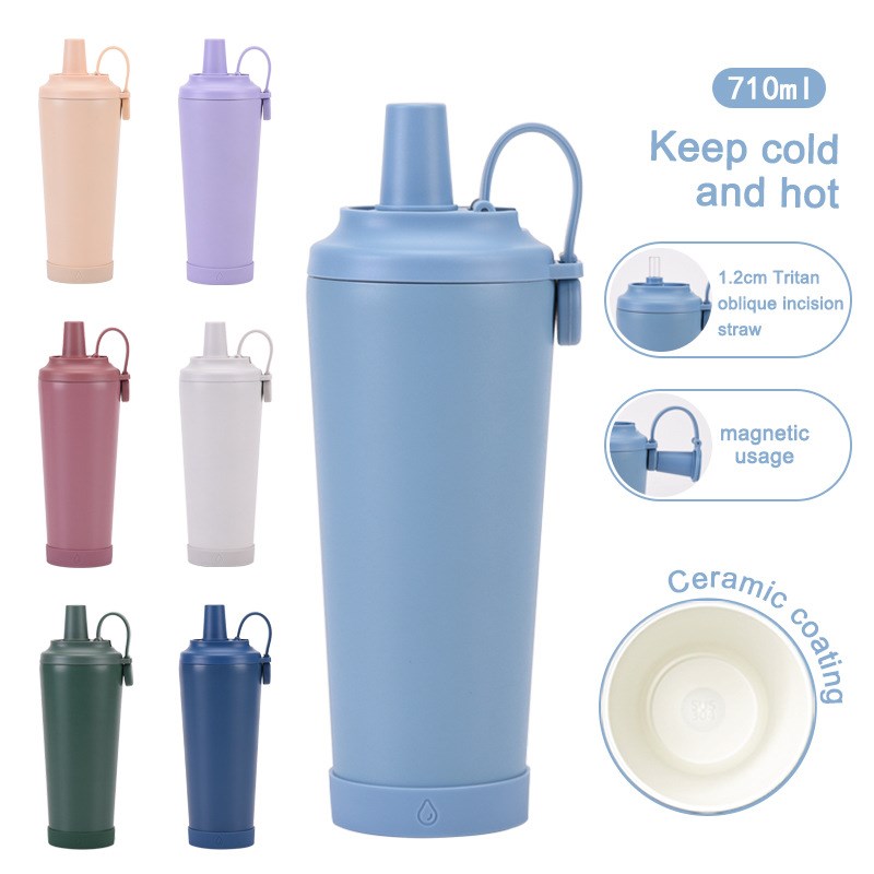 新款710ml吸管杯可吸珍珠可携式磁吸提手双层P保温水杯陶瓷涂层内