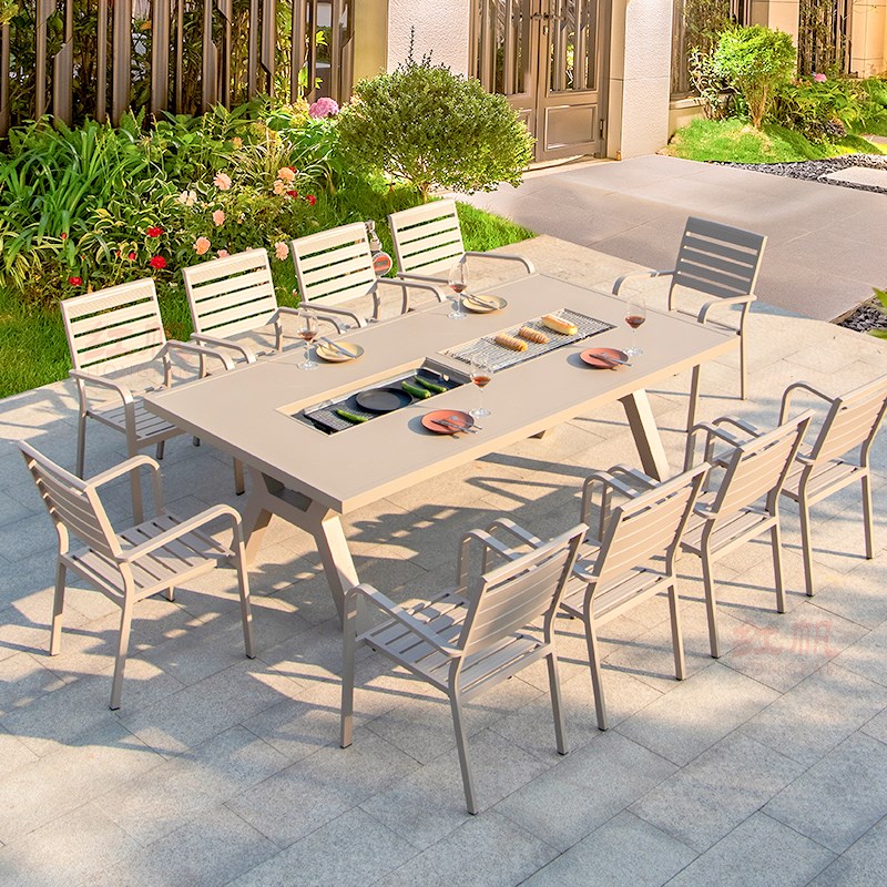 户外庭院桌d椅铸铝烧烤烤电烤露天休闲火锅桌商用围炉煮茶桌椅炭