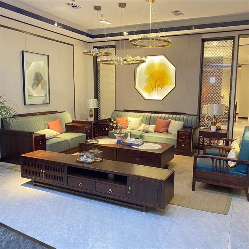 新中式乌金木实j木沙发组合客厅真皮沙发椅现代别墅套房全屋家具
