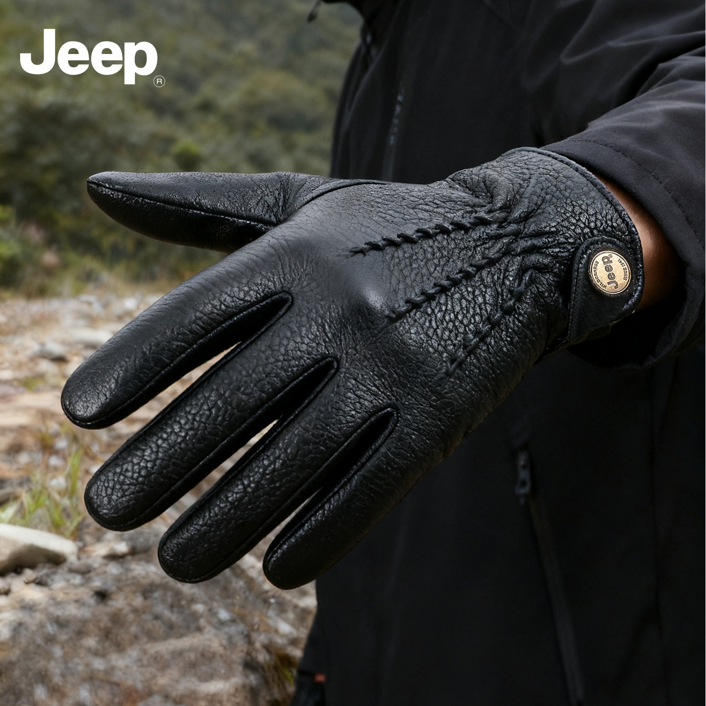 JEEP（吉普）真皮手套男山羊皮加绒保暖秋冬登山户外骑行加厚手套