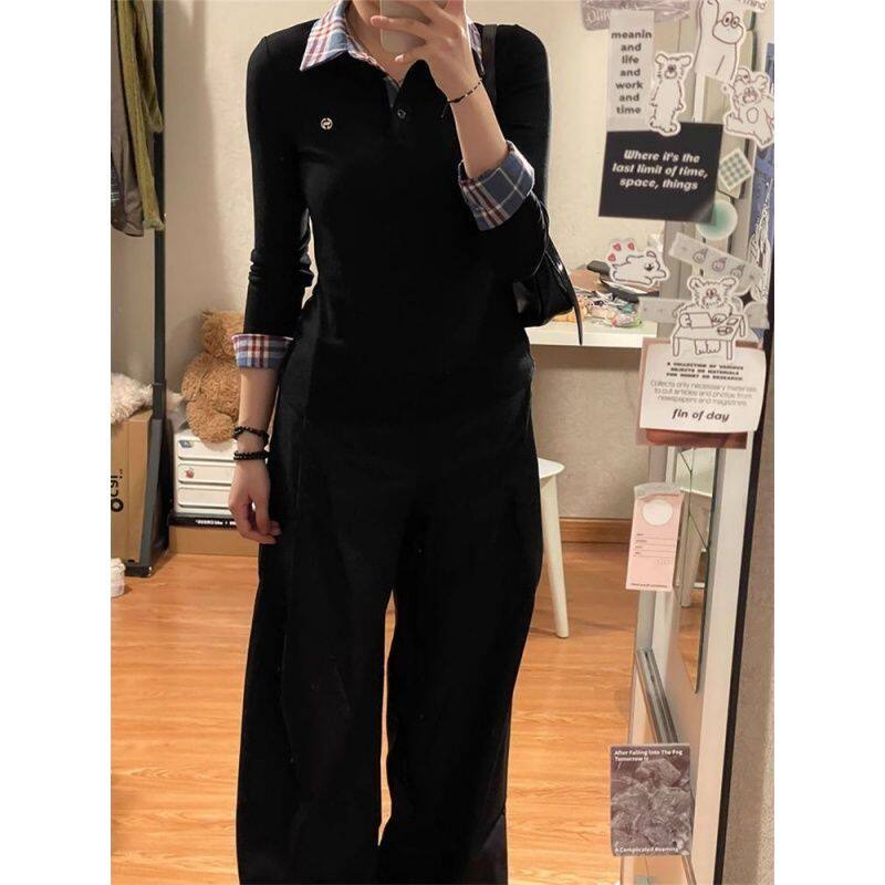 法式POLO领黑色原宿风假两件格纹拼接长袖T恤秋冬女装打底衫上衣