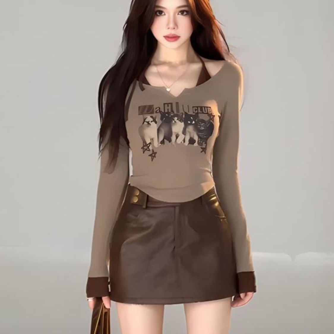 假两件印花挂脖新款美式绑带别致