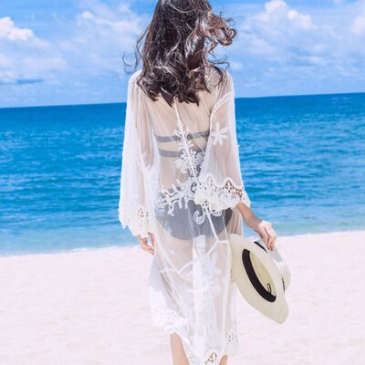 海岛蜜月度假比基尼泳衣沙滩外罩衫 王美丽同款外搭长款白色外套
