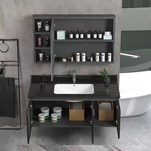 黑色岩板80cm浴室柜一体陶瓷洗脸盆柜组合卫生间洗漱台面智能镜柜