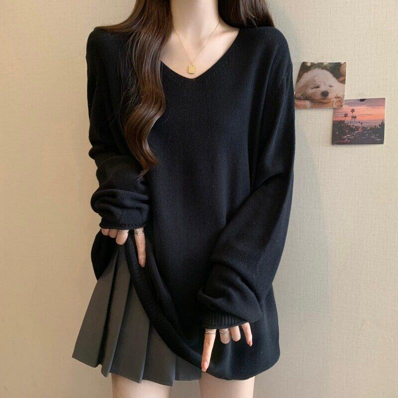 中长款黑色v领打底针织衫大码女装秋冬胖mm宽松遮肚毛衣内搭上衣