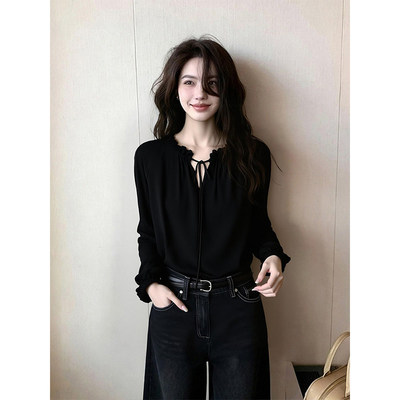 黑色V领系带长袖衬衫女20