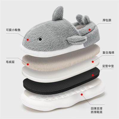 包跟棉拖鞋女款冬季2024新款室内家居厚底鲸鱼可爱毛绒棉鞋秋冬天