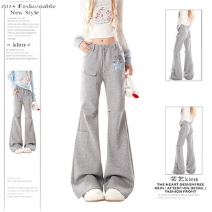 宽松显瘦直筒褶皱运动裤 美式 女早春新款 微喇叭休闲卫裤 子 复古工装