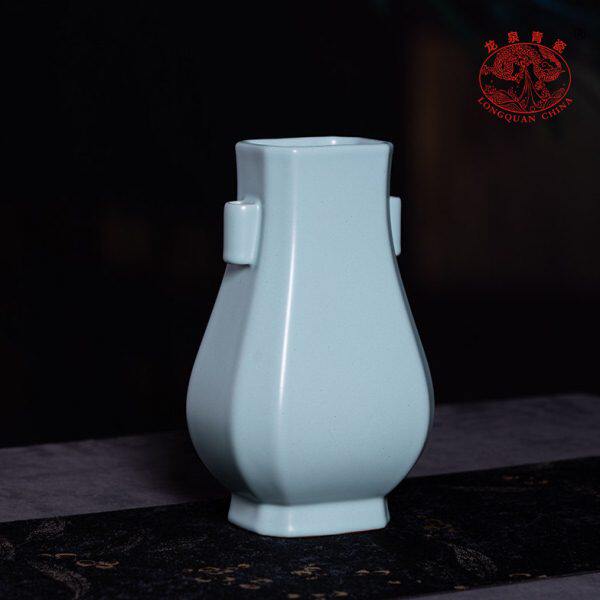龙泉青瓷双耳贯瓶陶瓷花瓶仿古汝瓷摆件客厅插花轻奢瓷器礼盒装