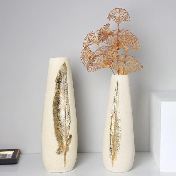 现代轻奢树脂金色羽毛花器摆件花插简约样板间花瓶装饰品摆设