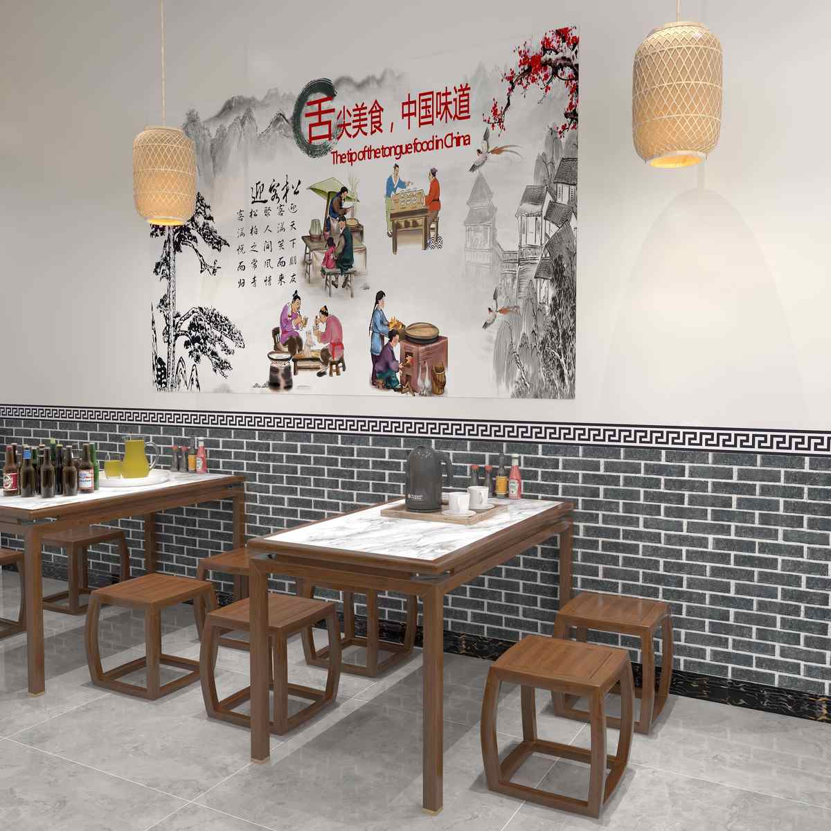 墙裙贴纸自粘墙j纸饭店墙面装饰火锅店防水壁纸店铺装修墙围墙贴