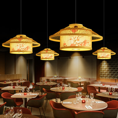饭店竹编吊灯餐厅包房包厢装饰灯新中式竹艺灯笼火锅店带射灯灯具