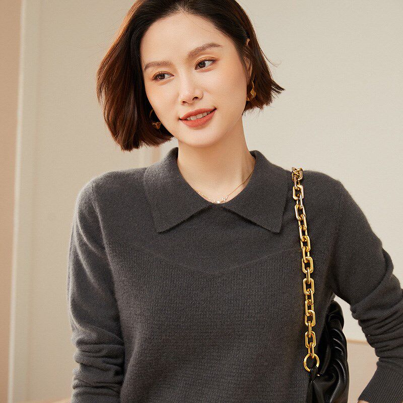 秋冬Polo领羊绒衫女100纯山羊绒翻领套头纯色针织洋气宽松打底衫