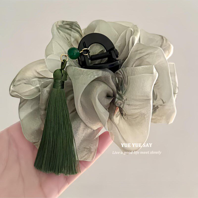汽车文化产品!只此青绿~复古流苏云朵网纱抓夹新中式时尚鲨鱼夹