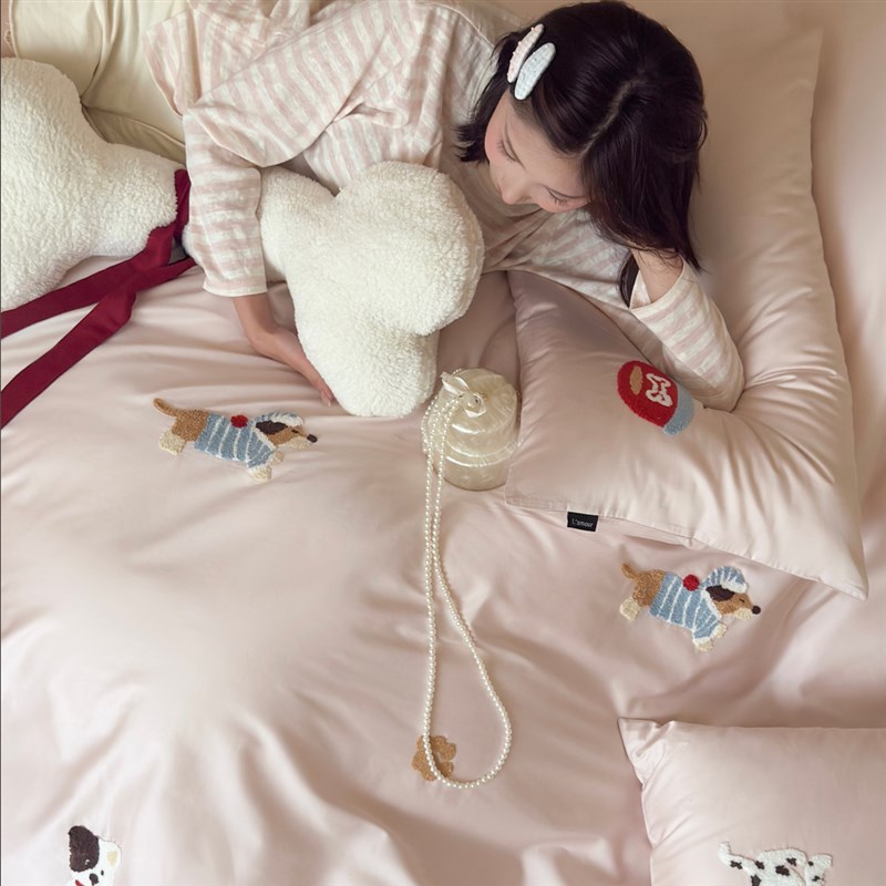 小清新100支长绒棉全棉四件套可爱卡通小狗纯棉被套床单床笠床品4