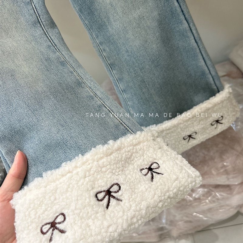 女童加绒牛仔裤喇叭裤中大童羊羔绒直筒裤秋冬韩版加厚卷边长裤子