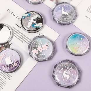 小清新折叠双面流沙镜可爱学生B便携卡通化妆镜手持少女心小镜子