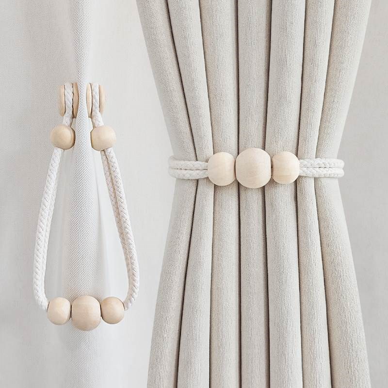 新款窗帘绑带一对装棉绳木珠纱帘收纳夹束带强力磁吸Z窗帘扣挂绳