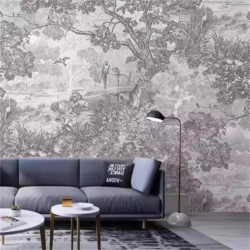现代北欧丛林壁纸客厅卧室黑白森林墙纸民L宿餐厅法式风景复古壁
