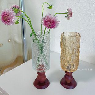 高脚杯现代简约高档感高级轻奢插花花瓶花器胡桃木摆件客厅木底座