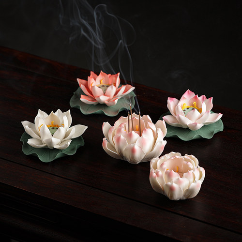 线香底座香炉家用香插莲花陶w瓷三孔香座插香檀沉香道香托盘香薰