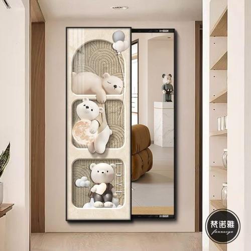北欧奶油风玄关装饰画隐藏式可推拉客厅入户镜子主卧室隐形穿衣镜