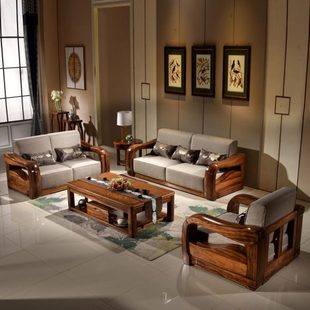 现代中式 纯乌金木沙发全实木123组合三人位布艺沙发客厅家具真皮