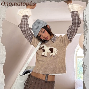 毛衣舒适不扎叠穿上衣 羊毛短袖 OTPé 复古小马图案套头针织衫