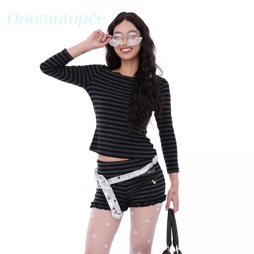 OTPe纽扣刺绣七分袖短裤条纹套装