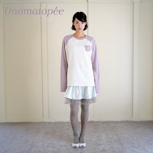 OTPe*灰紫碎花宽松长袖插肩袖T恤