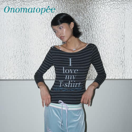 OTPe*千禧印花一字领七分袖T恤女