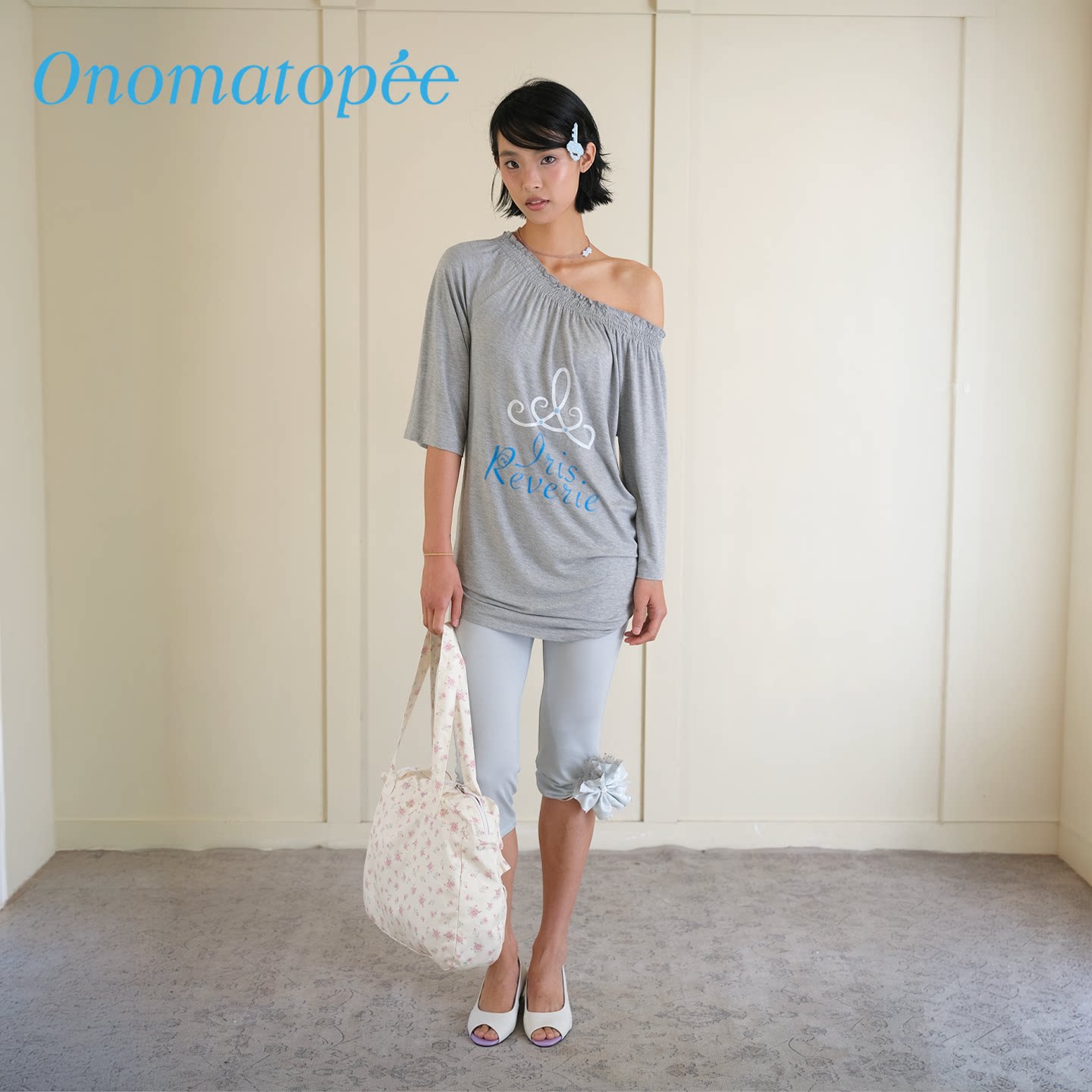 OTPe*印花棉质抽皱斜肩一字肩多穿法宽松中袖七分袖t恤上衣连衣裙
