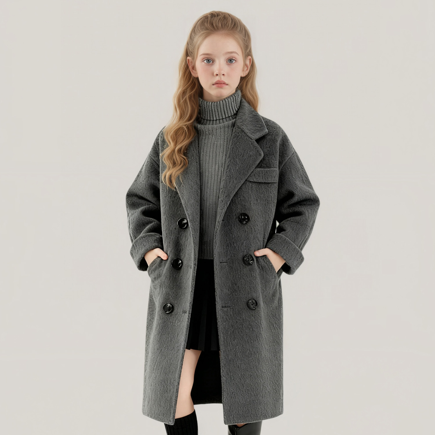 萌校长女童双面全羊毛大衣