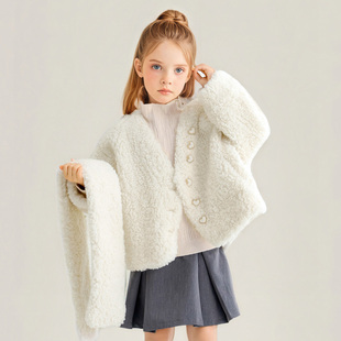 萌校长儿童皮草外套小孩秋冬新款 女童仿羊羔毛毛毛大衣带围巾短款