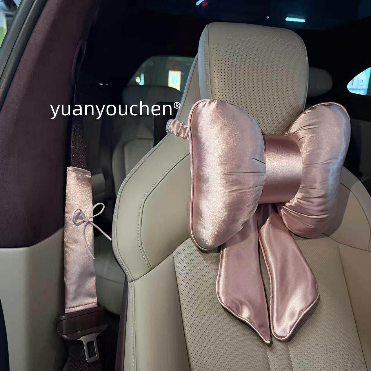 2026新配色洛樱粉缎面蝴蝶结汽车颈枕少女飘带汽车腰靠靠枕