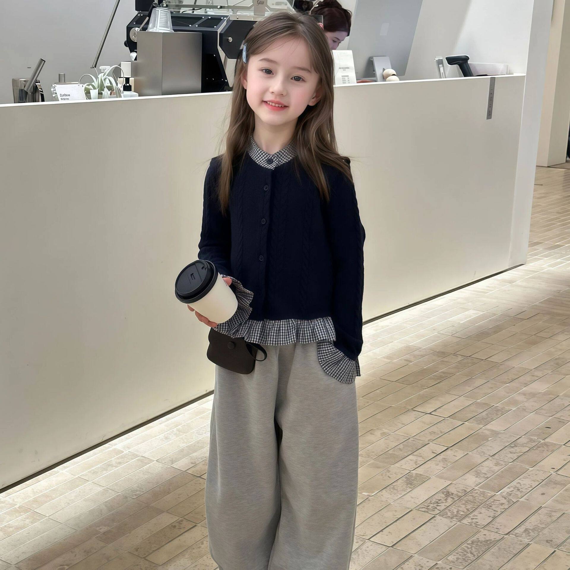 儿童小香风外套秋款 女童针织衫小女孩开衫T恤 宝宝假两件打底衫