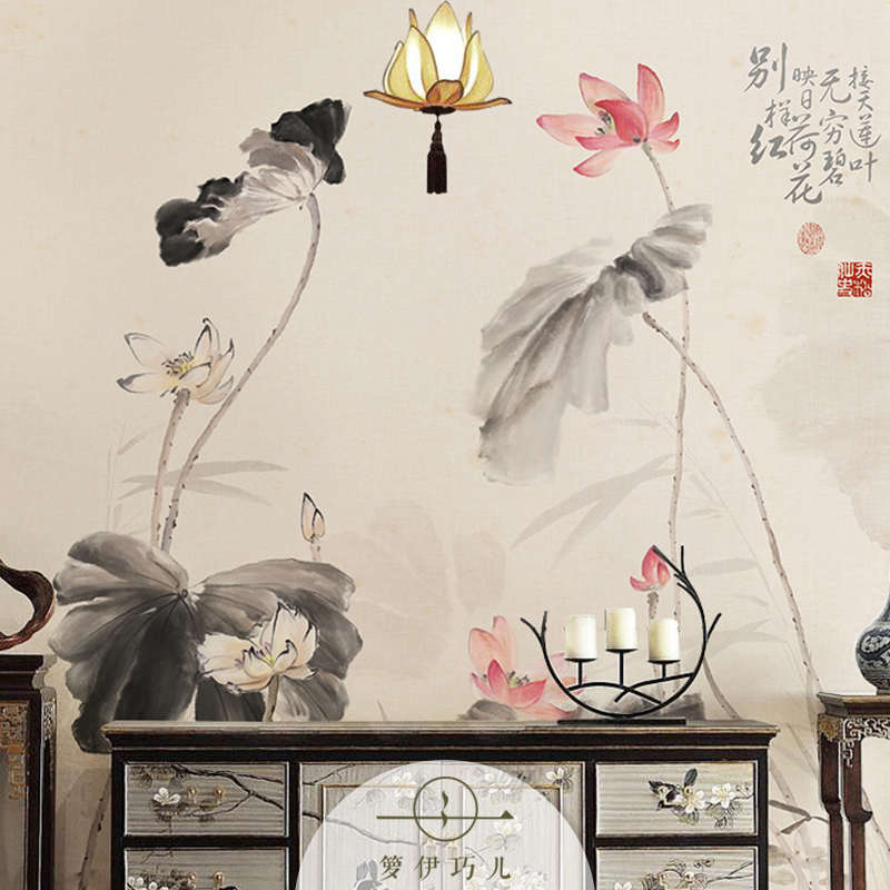 中式荷花墙纸客厅电视背景墙壁纸抽象卧室莲花Q墙布壁画水墨中国