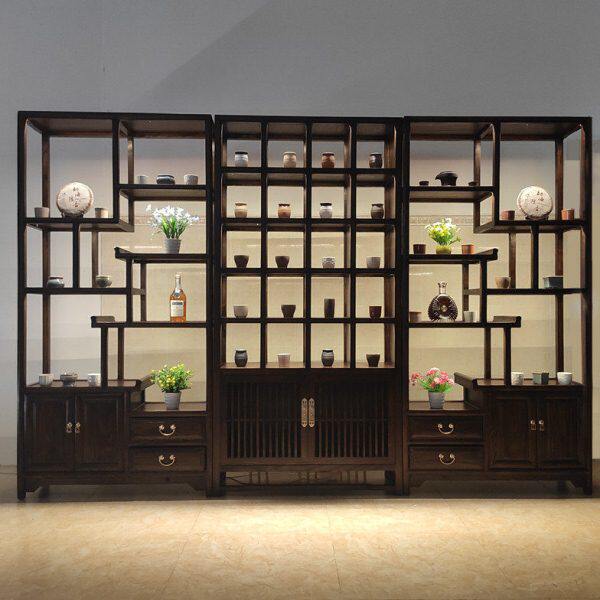 博古架实木中式茶室茶叶展示架子格子柜置物架货架多宝阁带灯定制
