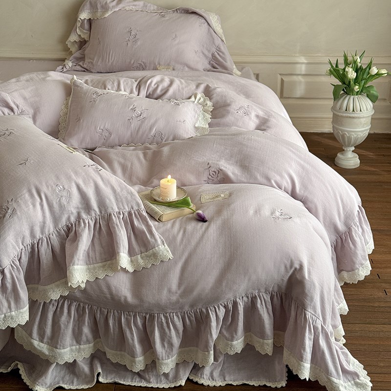 法式少女刺绣全棉双层纱布四件套公主风柔软蕾丝花边纯棉被套床裙