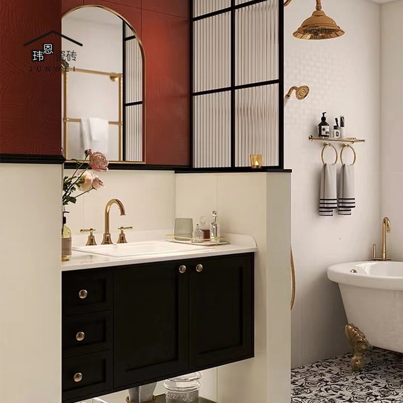 法式复古轻奢简约尾葵花瓷砖厨房卫生间浴K室厕所洗手间红色墙地