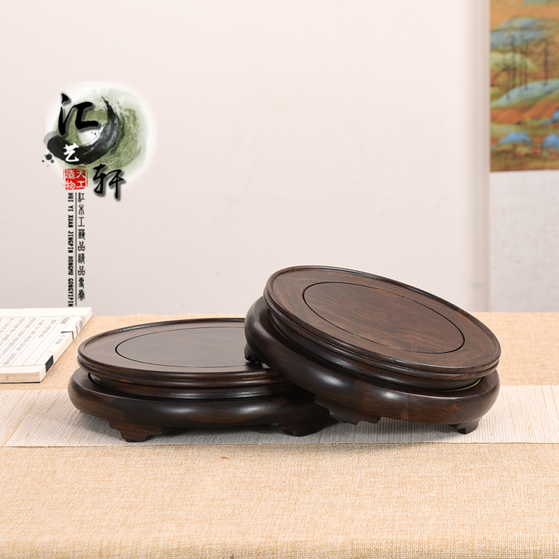 实木非洲黑檀明式旋转底座茶x壶盆景铜香炉花瓶摆件圆形展示木托