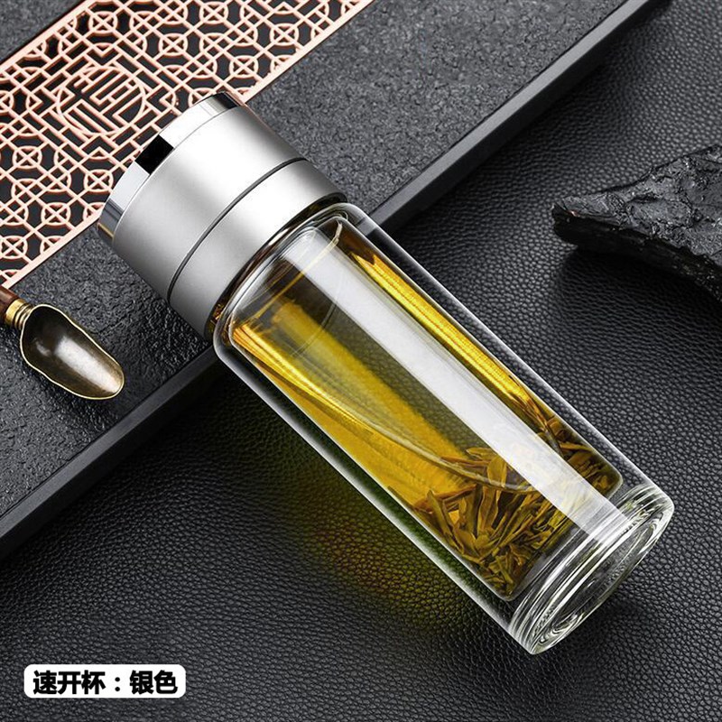 一键开盖速开杯车载水杯双层隔热高硼硅玻璃杯T礼品茶水分离杯
