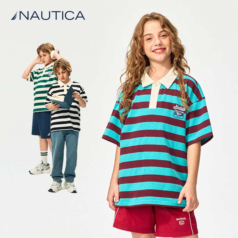 NAUTICA童装男童女童短袖POLO衫夏季儿童条纹T恤重磅透气复古休闲图片