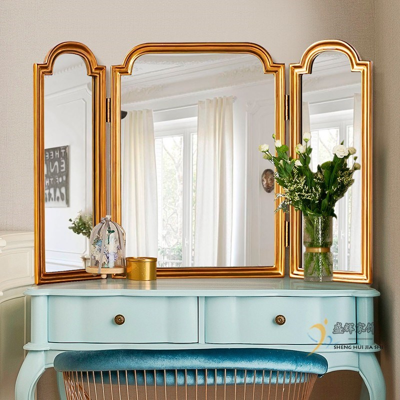 法式复古化d妆镜台式桌面家用可折叠卧室大号三面镜三折梳妆台镜