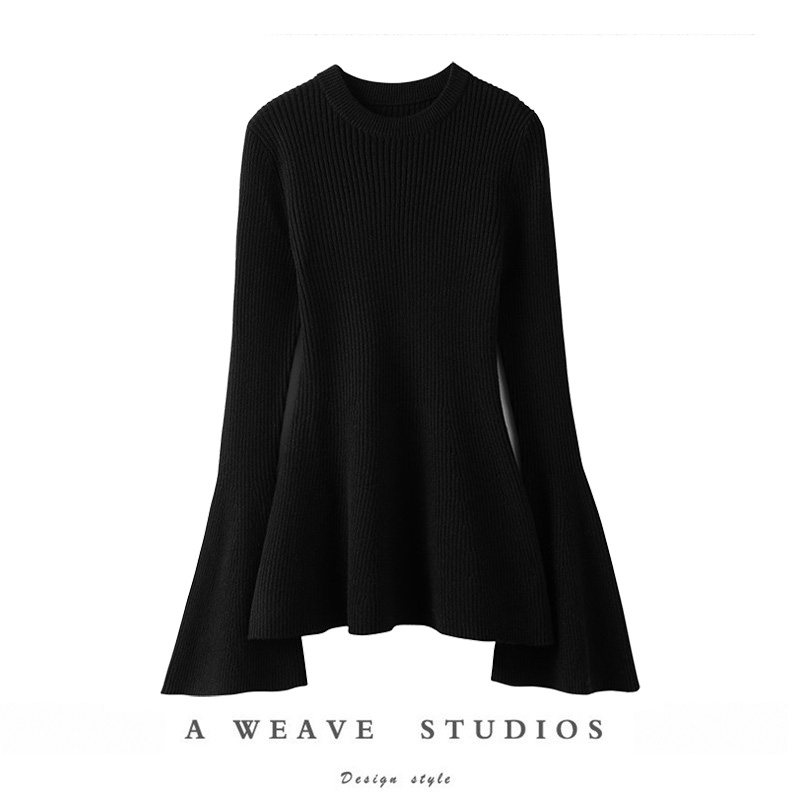 敲多色古典式优雅100%山羊绒衫喇叭袖坑条沙漏型修身针织上衣