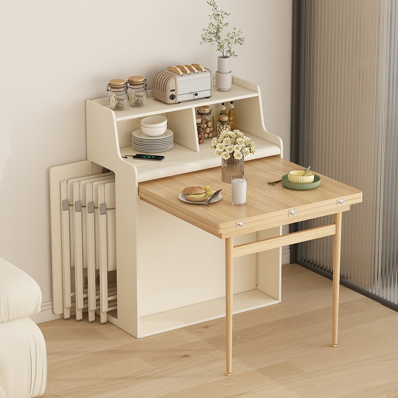 可折叠伸缩隐形实木餐桌收纳储物柜一体J靠墙隐藏收折餐边柜饭桌