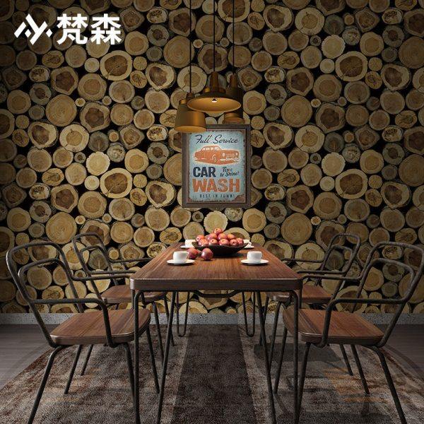 3d立体复古工业风仿古木头年轮木纹壁纸仿木饭店墙纸店铺装修背景